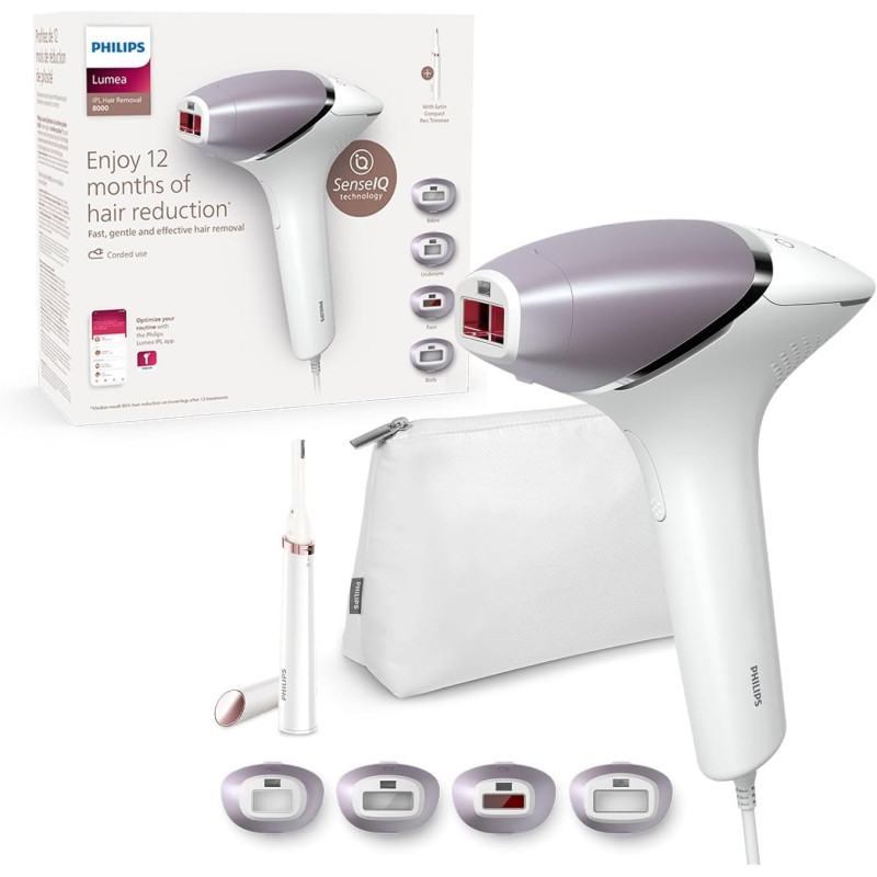 Épilateur à lumière pulsée Philips Lumea Série 8000 - 4 embouts et tondeuse-stylo BRI949/00